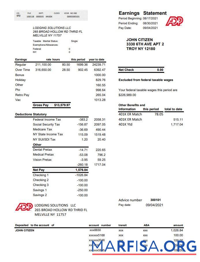 Downloadable USA ADP business corporate earnings statement excel download for verification